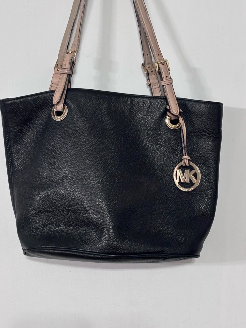 Michael Kors Black Pebbled Leather Tote with beige Straps
